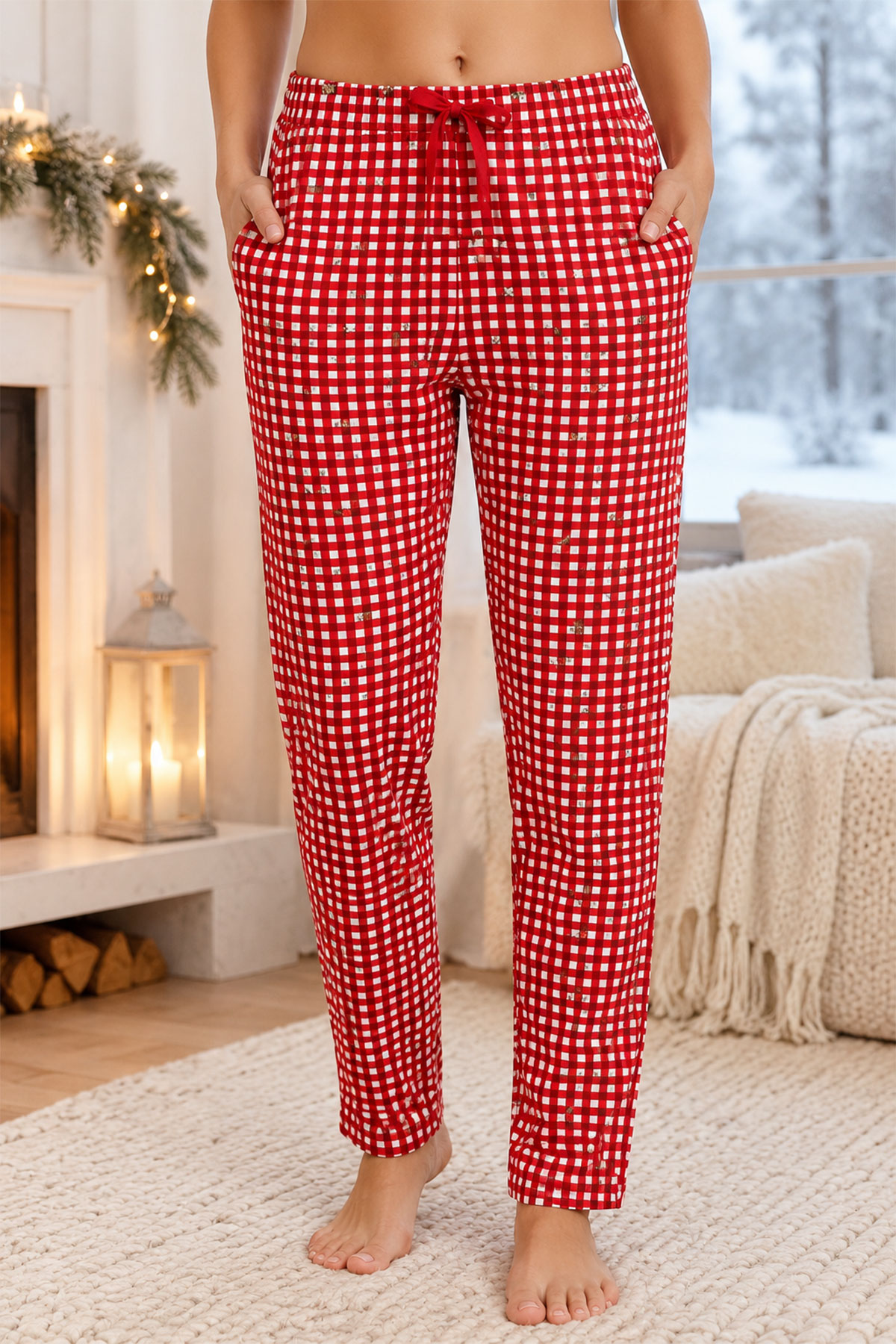 Pijamoni Kadın Tek Alt Pijama Desenli Süet - Kırmızı - Thumbnail