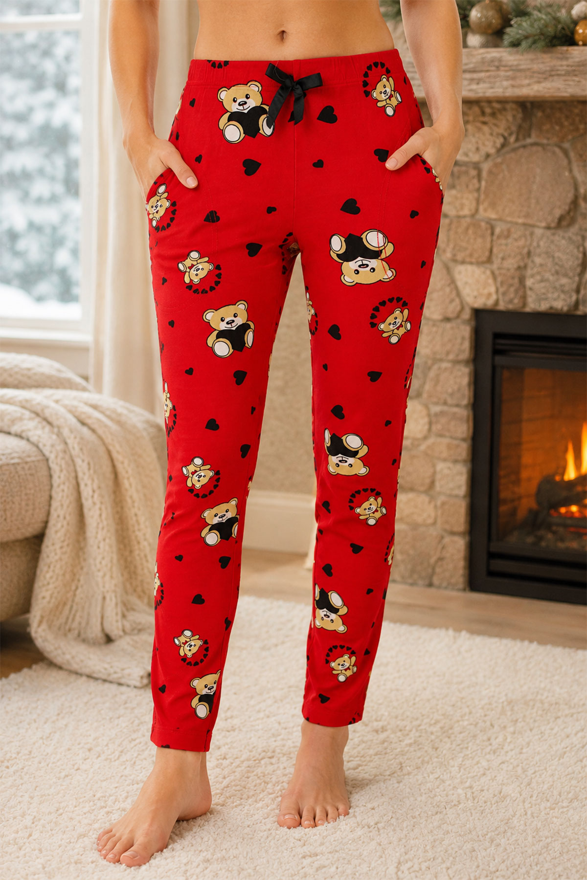Pijamoni Kadın Tek Alt Pijama Desenli Süet - Kırmızı/4 - Thumbnail