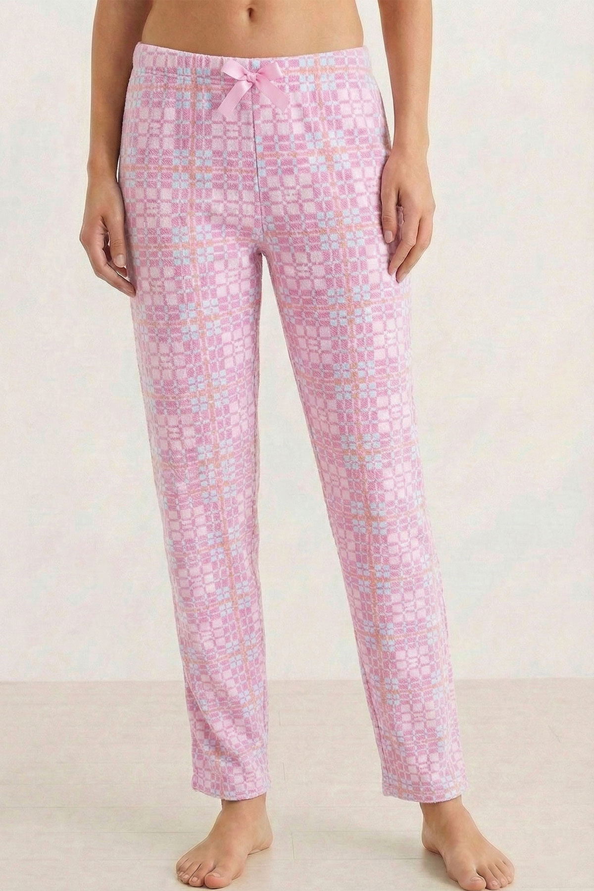 Pijamoni Kadın Tek Alt Pijama Desenli Süet - Pembe/2 - Thumbnail