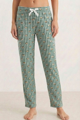 PİJAMONİ - Pijamoni Kadın Tek Alt Pijama Desenli Süet - Yeşil/2