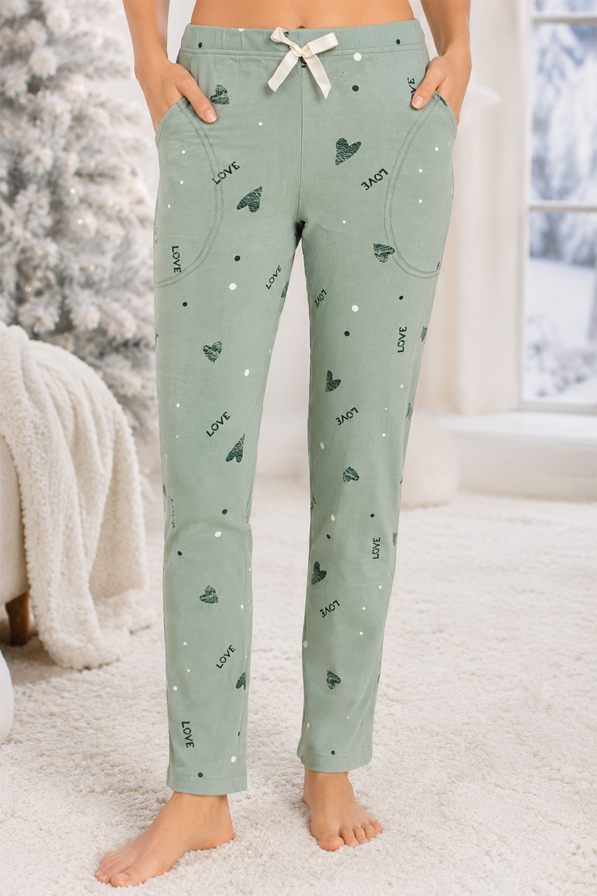Pijamoni Kadın Tek Alt Pijama Desenli Süet - Zümrüt Yeşili - Thumbnail