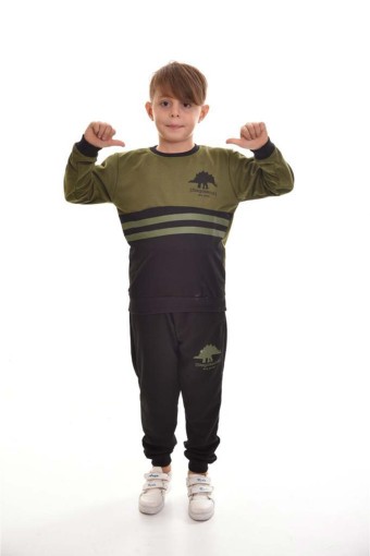 PINARCA EV GİYİM - PINARCA Erkek Çocuk Stegosaurus Pijama Takımı - Haki Yeşili