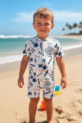 PINARCA PLAJ - Pınarca Erkek Bebek Tulum Mayo Kısa Kol Desenli Yarım Fermuarlı - Beyaz