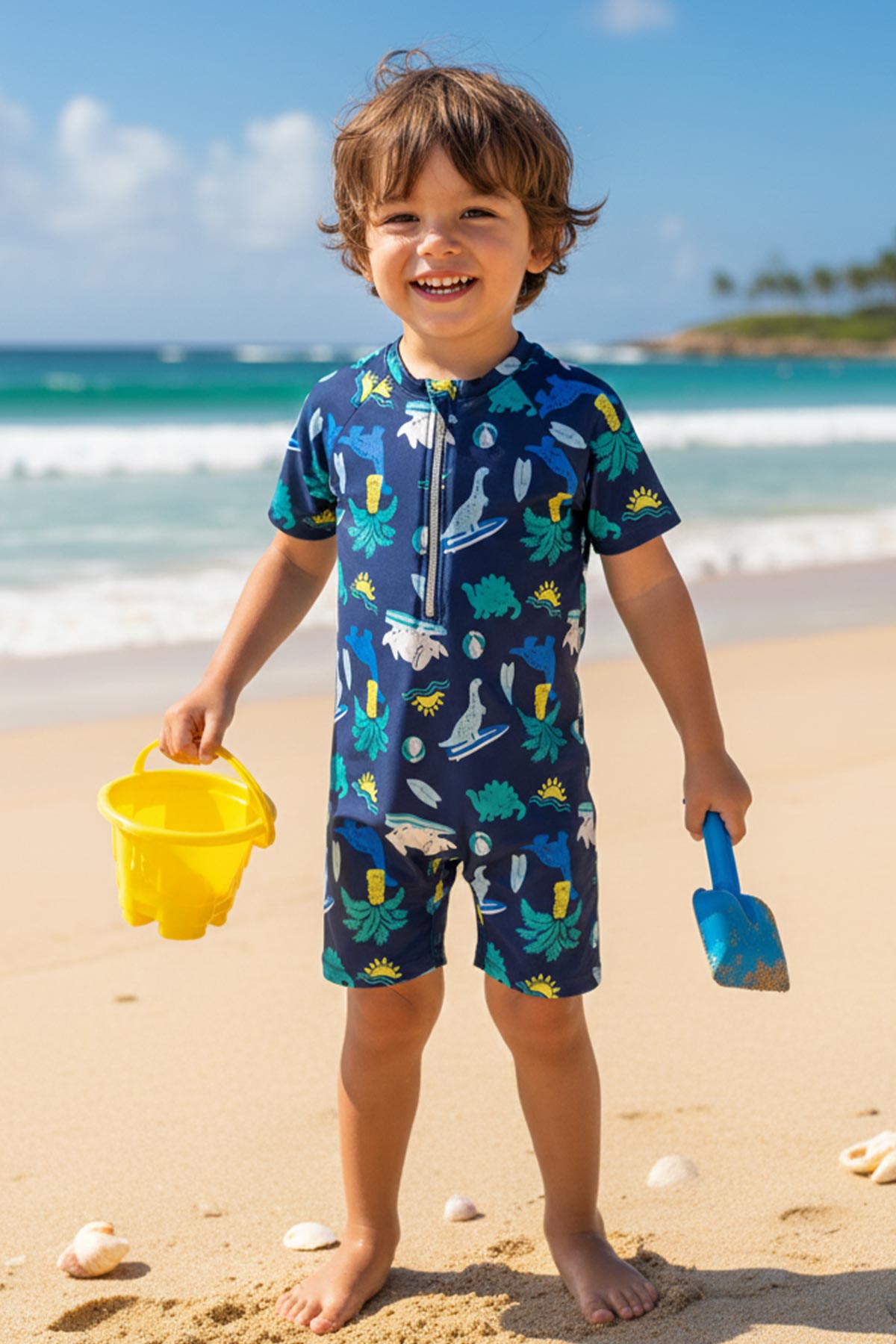 Pınarca Erkek Bebek Tulum Mayo Kısa Kol Desenli Yarım Fermuarlı - Lacivert - Thumbnail