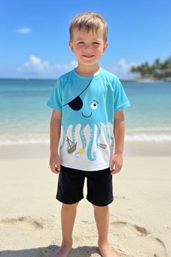 PINARCA PLAJ - Pınarca Erkek Çocuk Şortlu Mayo Kısa Kollu Ahtapot Baskılı - Turkuaz