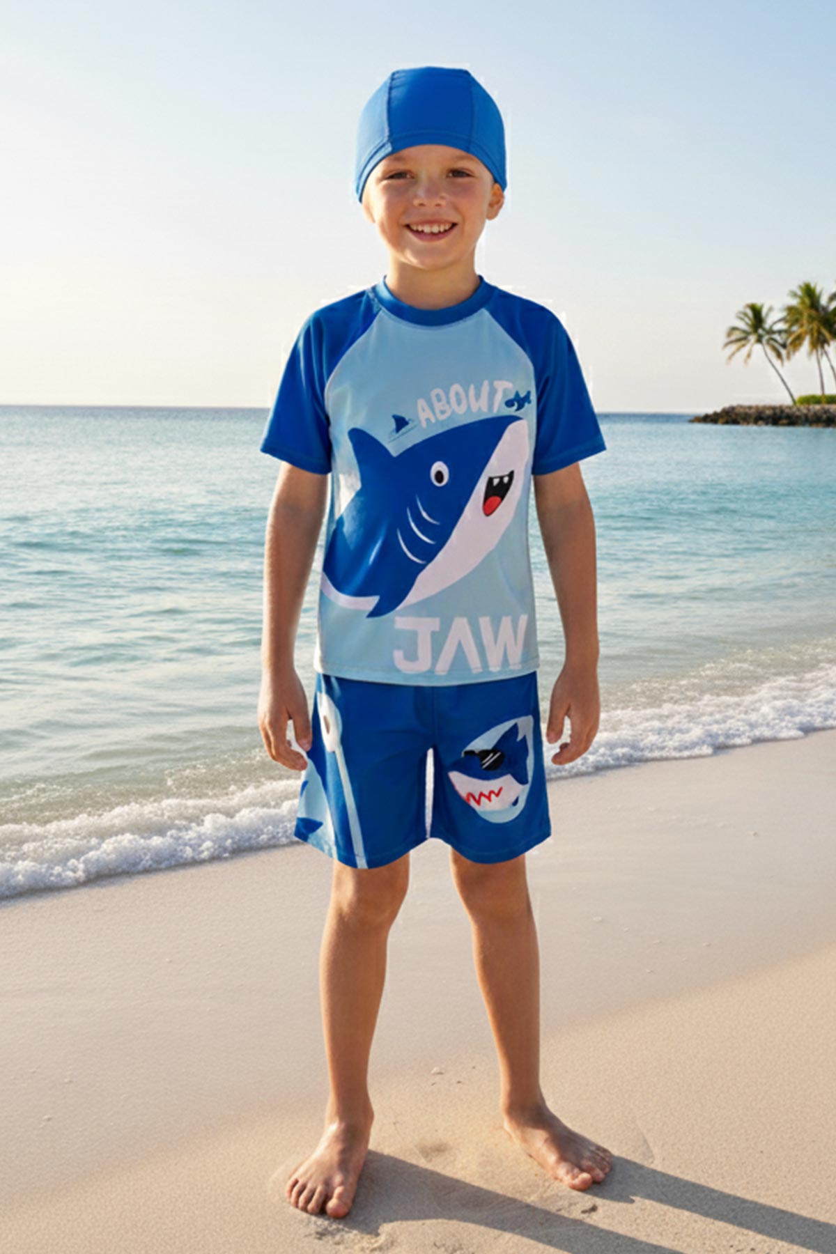 Pınarca Erkek Çocuk Şortlu Mayo Kısa Kollu Balık Baskılı - Mavi - Thumbnail