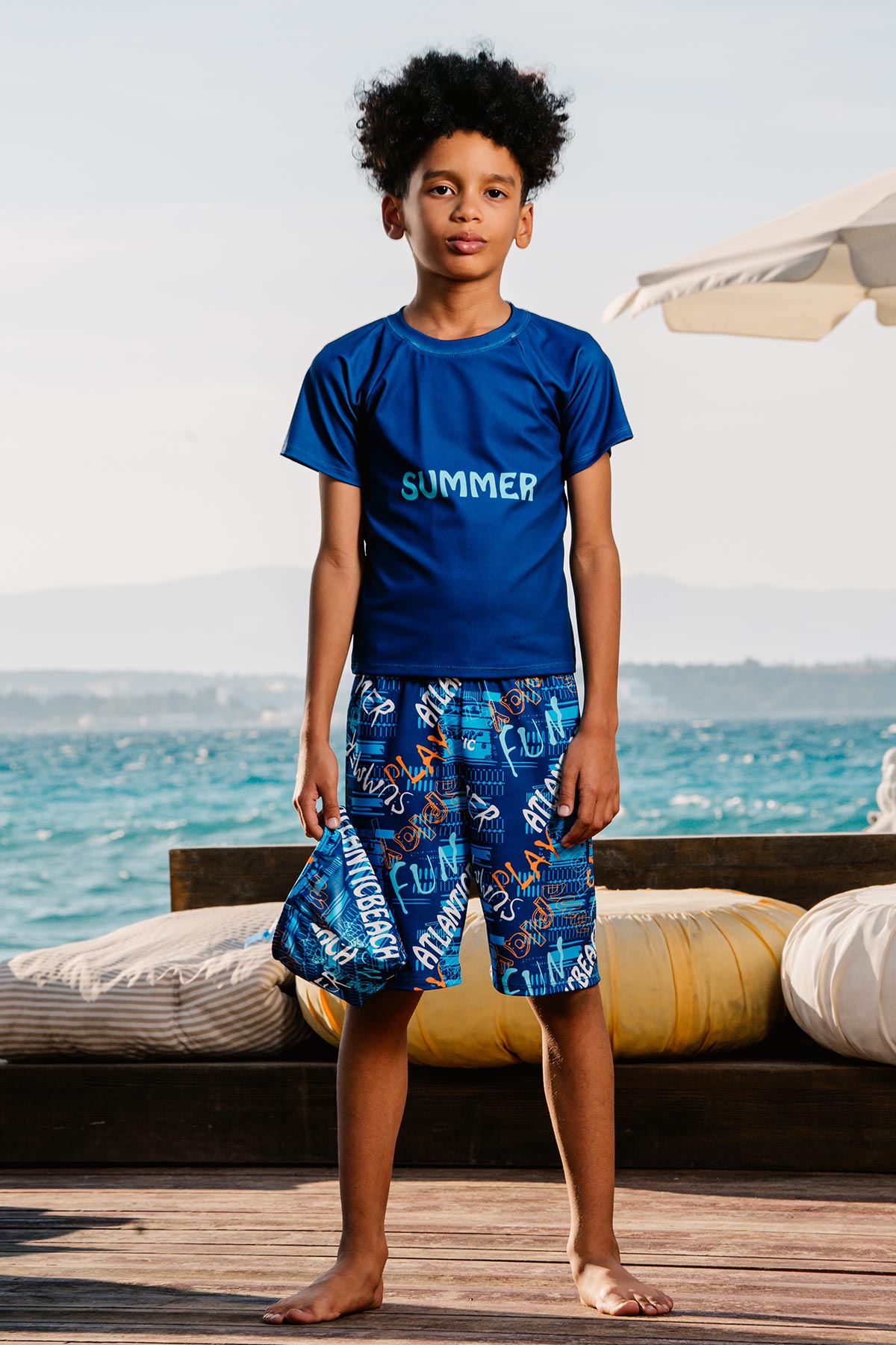 Pınarca Erkek Çocuk Şortlu Mayo Kısa Kollu Summer Yazılı - Koyu Mavi - Thumbnail