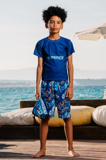 PINARCA PLAJ - Pınarca Erkek Çocuk Şortlu Mayo Kısa Kollu Summer Yazılı - Koyu Mavi