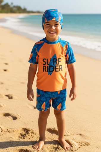 PINARCA PLAJ - Pınarca Erkek Çocuk Şortlu Mayo Kısa Kollu Surf Baskılı - Turuncu
