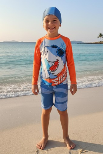 PINARCA PLAJ - Pınarca Erkek Çocuk Şortlu Mayo Uzun Kollu Köpek Balığı Baskılı - Mavi