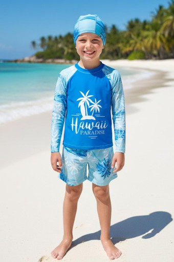 PINARCA PLAJ - Pınarca Erkek Çocuk Şortlu Mayo Uzun Kollu Palmiye Baskılı - Mavi