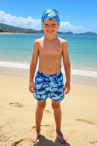 PINARCA PLAJ - Pınarca Erkek Çocuk Şortu Likralı Desenli Boneli - Açık Mavi