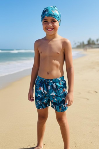 PINARCA PLAJ - Pınarca Erkek Çocuk Şortu Likralı Desenli Boneli - Mavi