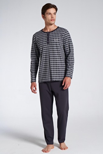 PINARCA EV GİYİM - Pınarca Erkek Pijama Takımı Uzun Kol Düğmel Bisiklet Yaka Kareli - Füme