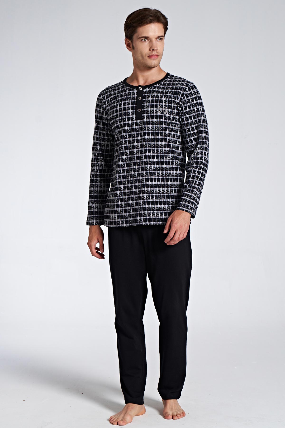 Pınarca Erkek Pijama Takımı Uzun Kol Düğmel Bisiklet Yaka Kareli - Füme - Thumbnail