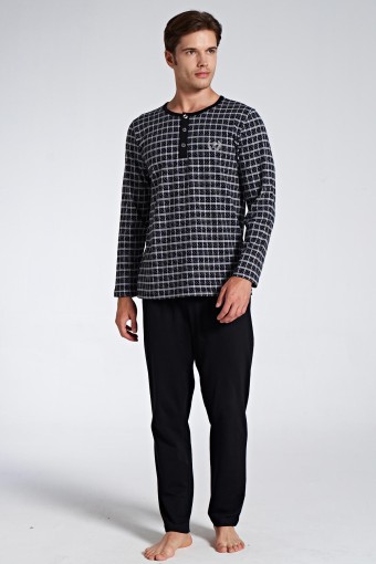 PINARCA EV GİYİM - Pınarca Erkek Pijama Takımı Uzun Kol Düğmel Bisiklet Yaka Kareli - Siyah