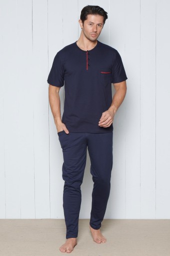 PINARCA EV GİYİM - Pınarca Erkek Pijama Takımı Kısa Kollu 3 Düğmeli Pamuklu Büyük Beden - Lacivert