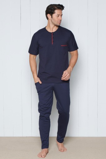 PINARCA EV GİYİM - Pınarca Erkek Pijama Takımı Kısa Kollu 3 Düğmeli Pamuklu Büyük Beden - Lacivert (1)