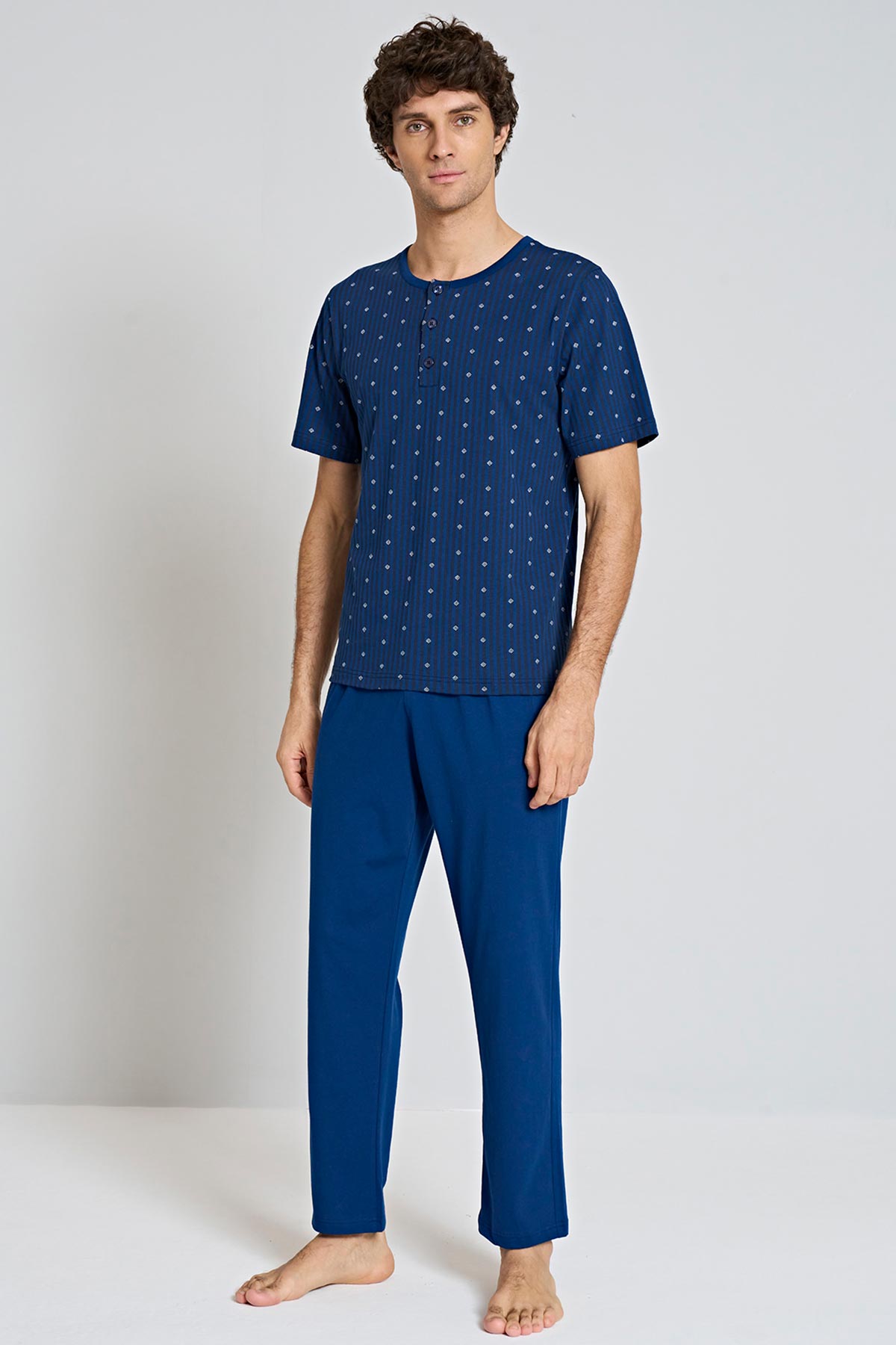 Pınarca Erkek Pijama Takımı Kısa Kollu Bisiklet Yaka Büyük Beden - Füme - Thumbnail