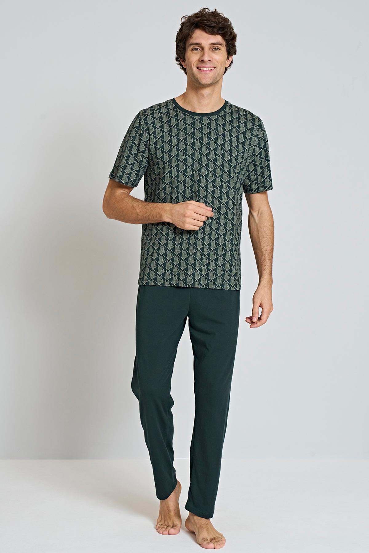 Pınarca Erkek Pijama Takımı Kısa Kollu Bisiklet Yaka Geometrik Desenli Büyük Beden - Lacivert - Thumbnail