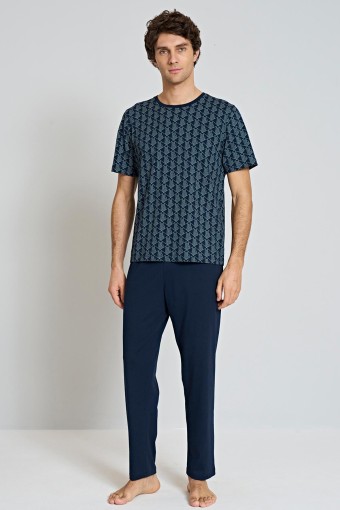 PINARCA EV GİYİM - Pınarca Erkek Pijama Takımı Kısa Kollu Bisiklet Yaka Geometrik Desenli - Lacivert