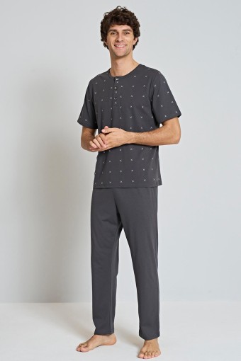 PINARCA EV GİYİM - Pınarca Erkek Pijama Takımı Kısa Kollu Bisiklet Yaka Üç Düğmeli Büyük Beden - Füme