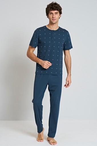 PINARCA EV GİYİM - Pınarca Erkek Pijama Takımı Kısa Kollu Bisiklet Yaka Üç Düğmeli Büyük Beden - Mavi
