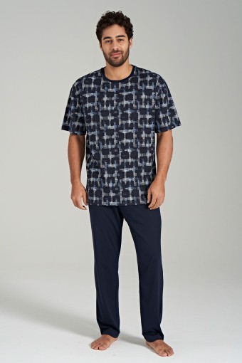 PINARCA EV GİYİM - Pınarca Erkek Pijama Takımı Kısa Kollu Geometrik Desenli - Lacivert