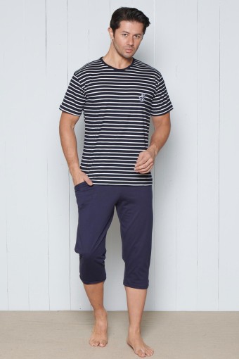 PINARCA EV GİYİM - Pınarca Erkek Pijama Takımı Kısa Kollu Kaprili Bisiklet Yaka Çizgili Pamuklu - Lacivert