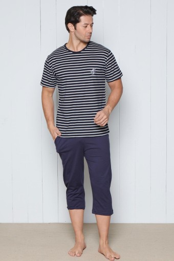 PINARCA EV GİYİM - Pınarca Erkek Pijama Takımı Kısa Kollu Kaprili Bisiklet Yaka Çizgili Pamuklu - Lacivert (1)