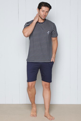 PINARCA EV GİYİM - Pınarca Erkek Pijama Takımı Kısa Kollu Şortlu Bisiklet Yaka Çizgili Pamuklu - Lacivert