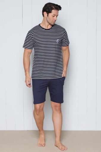 PINARCA EV GİYİM - Pınarca Erkek Pijama Takımı Kısa Kollu Şortlu Bisiklet Yaka Çizgili Pamuklu - Lacivert (1)