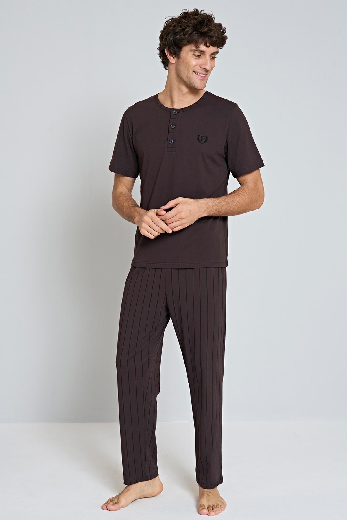 Pınarca Erkek Pijama Takımı Kısa Kollu Üç Düğmeli Bisiklet Yaka Büyük Beden - Bordo - Thumbnail