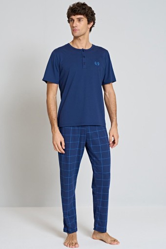 PINARCA EV GİYİM - Pınarca Erkek Pijama Takımı Kısa Kollu Üç Düğmeli Bisiklet Yaka - Mavi