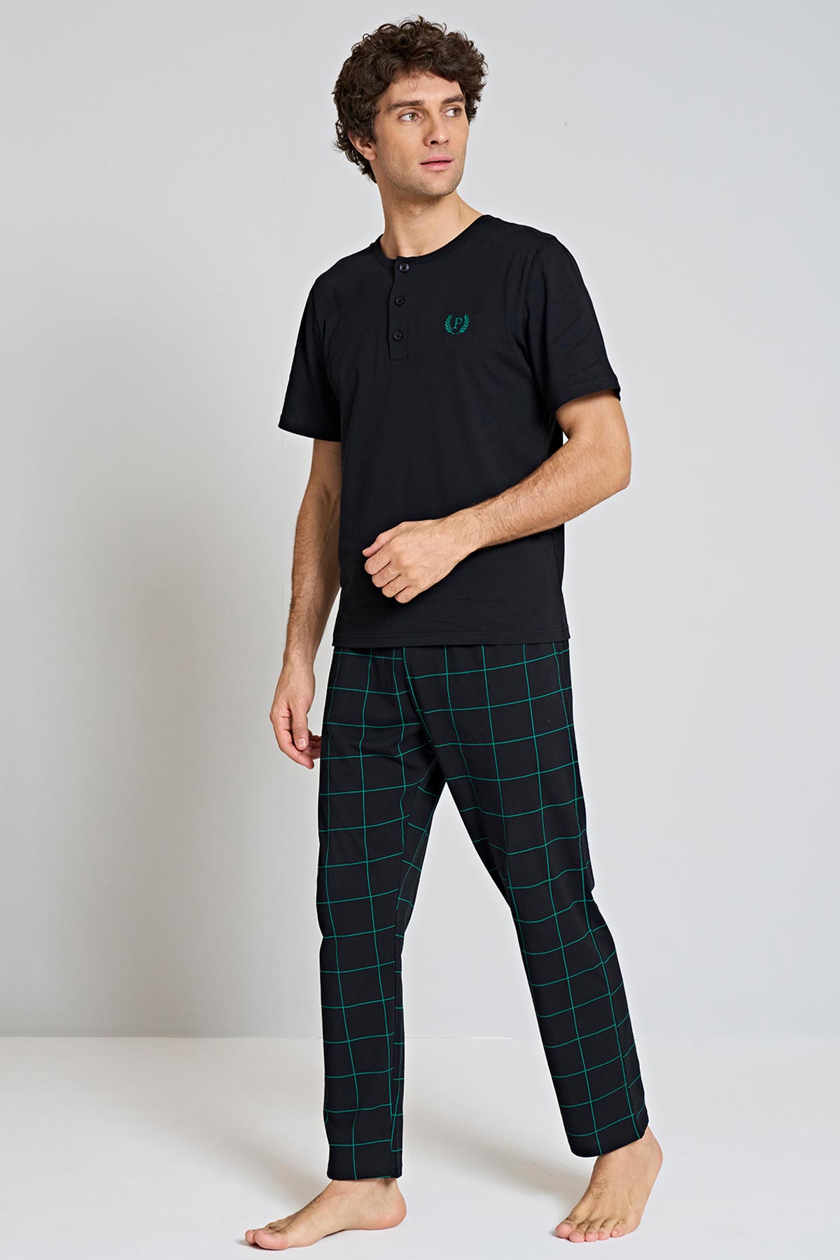 Pınarca Erkek Pijama Takımı Kısa Kollu Üç Düğmeli Bisiklet Yaka - Mavi - Thumbnail