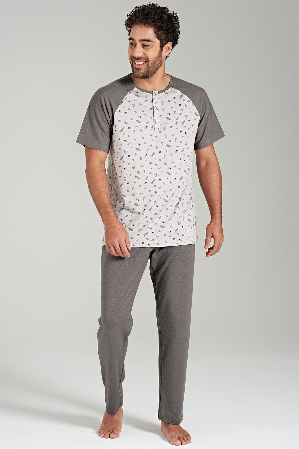Pınarca Erkek Pijama Takımı Kısa Kollu Yuvarlak Yaka Büyük Beden - Füme - Thumbnail