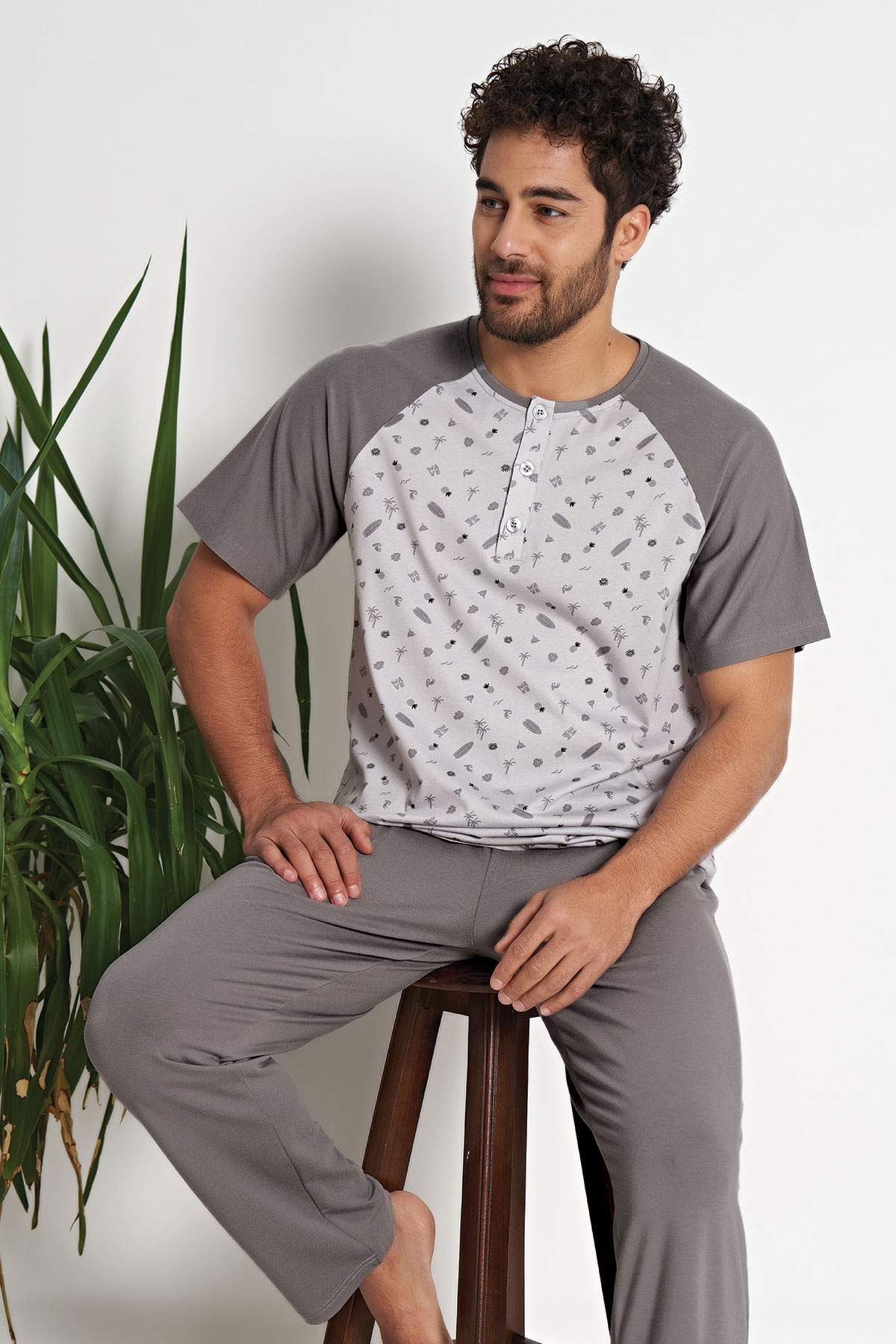 Pınarca Erkek Pijama Takımı Kısa Kollu Yuvarlak Yaka Büyük Beden - Füme - Thumbnail