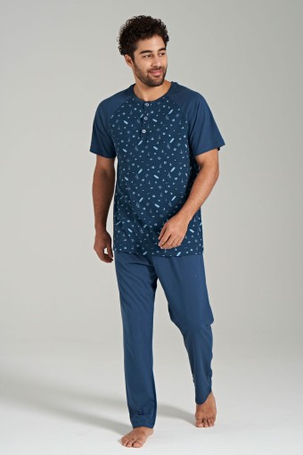 PINARCA EV GİYİM - Pınarca Erkek Pijama Takımı Kısa Kollu Yuvarlak Yaka Büyük Beden - Mavi