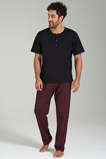 PINARCA EV GİYİM - Pınarca Erkek Pijama Takımı Pamuklu Kısa Kollu 3 Düğmeli Kareli - Bordo