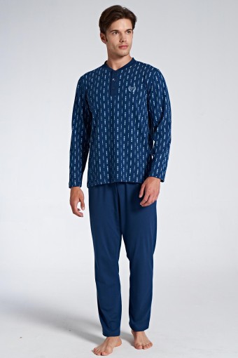 PINARCA EV GİYİM - Pınarca Erkek Pijama Takımı Uzun Kollu Düğmeli Desenli Büyük Beden - Mavi