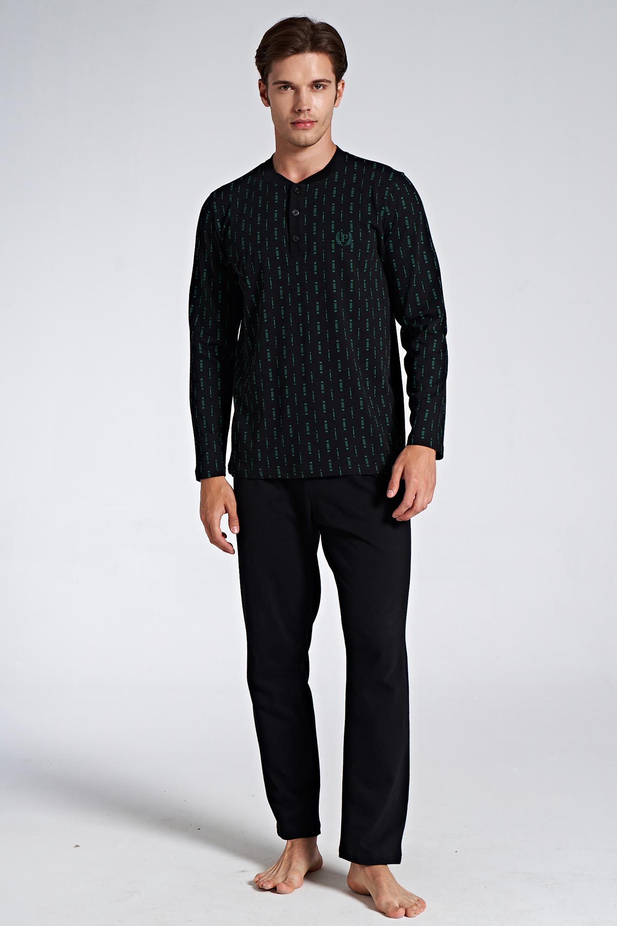 Pınarca Erkek Pijama Takımı Uzun Kollu Düğmeli Bisiklet Yaka Desenli - Mavi - Thumbnail