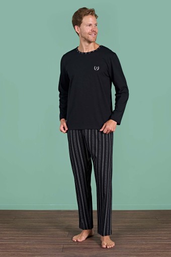 PINARCA EV GİYİM - Pınarca Erkek Pijama Takımı Uzun Kollu Altı Çizgili Pamuklu - Siyah