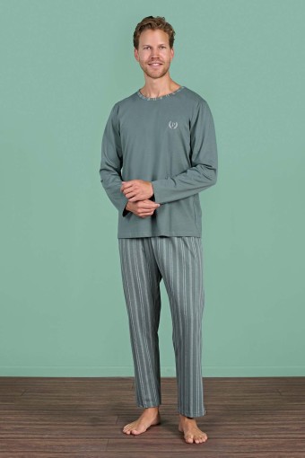 PINARCA EV GİYİM - Pınarca Erkek Pijama Takımı Uzun Kollu Altı Çizgili Pamuklu - Yeşil
