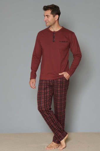 PINARCA EV GİYİM - Pınarca Erkek Pijama Takımı Uzun Kollu Düğmeli Altı Ekose İnterlok - Bordo