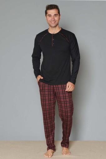 PINARCA EV GİYİM - Pınarca Erkek Pijama Takımı Uzun Kollu Düğmeli Altı Ekose İnterlok - Siyah