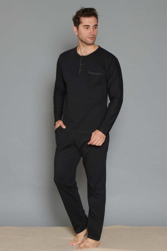 PINARCA EV GİYİM - Pınarca Erkek Pijama Takımı Uzun Kollu Düğmeli Cep Nokta Desenli Pamuklu - Siyah