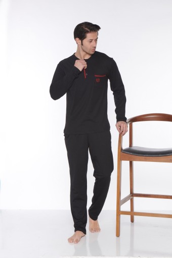 PINARCA EV GİYİM - Pınarca Erkek Pijama Takımı Uzun Kollu Düğmeli Cepli Büyük Beden - Siyah
