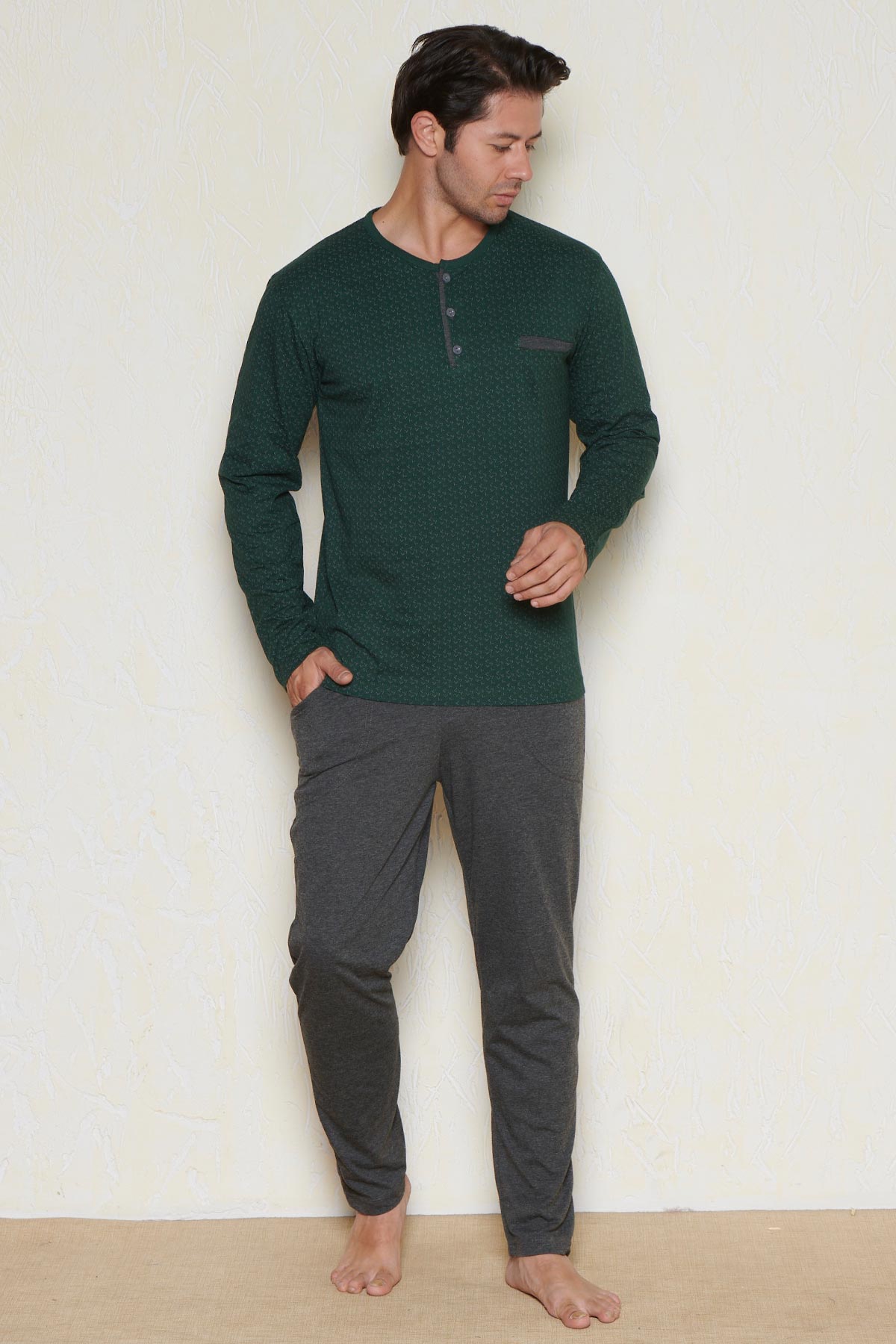 Pınarca Erkek Pijama Takımı Uzun Kollu Düğmeli Desenli Altı Düz - Yeşil - Thumbnail