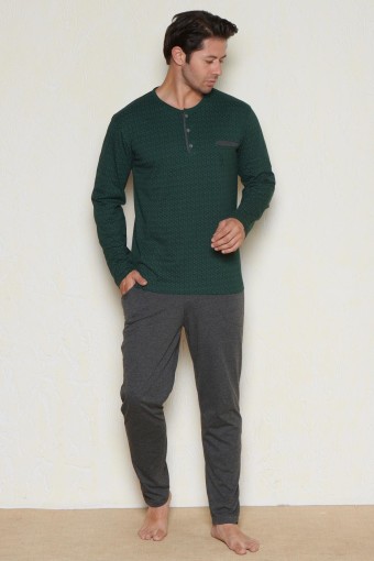 PINARCA EV GİYİM - Pınarca Erkek Pijama Takımı Uzun Kollu Düğmeli Desenli Altı Düz - Yeşil