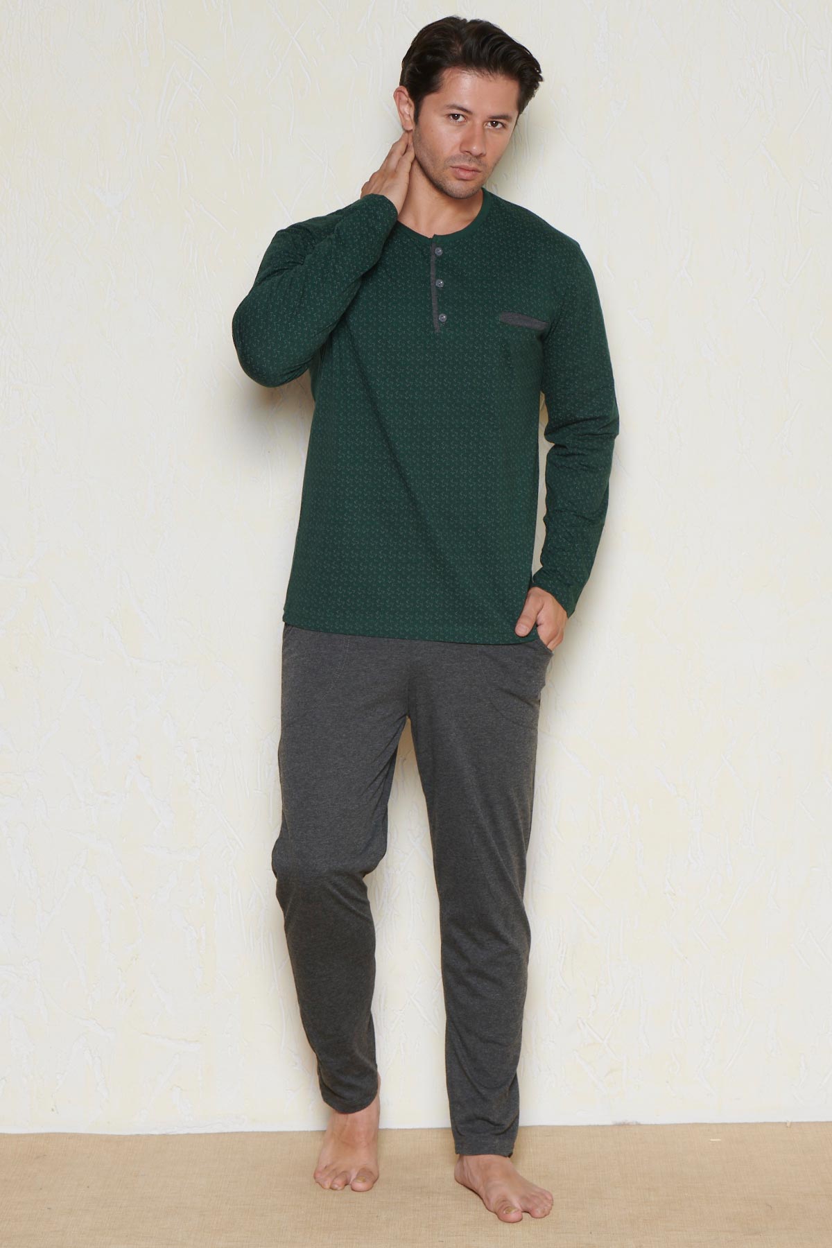 Pınarca Erkek Pijama Takımı Uzun Kollu Düğmeli Desenli Altı Düz - Yeşil - Thumbnail